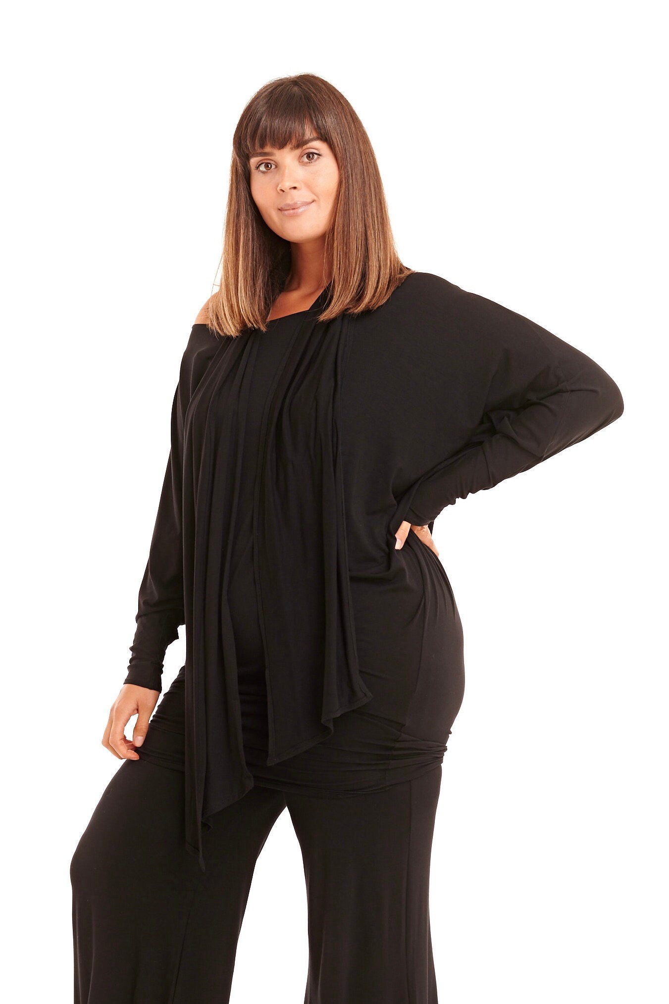 Image of Bamboo Raglan Top Black \ Yoga Wear Wrap Lightweight Kimono Jacket Asymmetric Elegant Tantra Versatile Kundalini