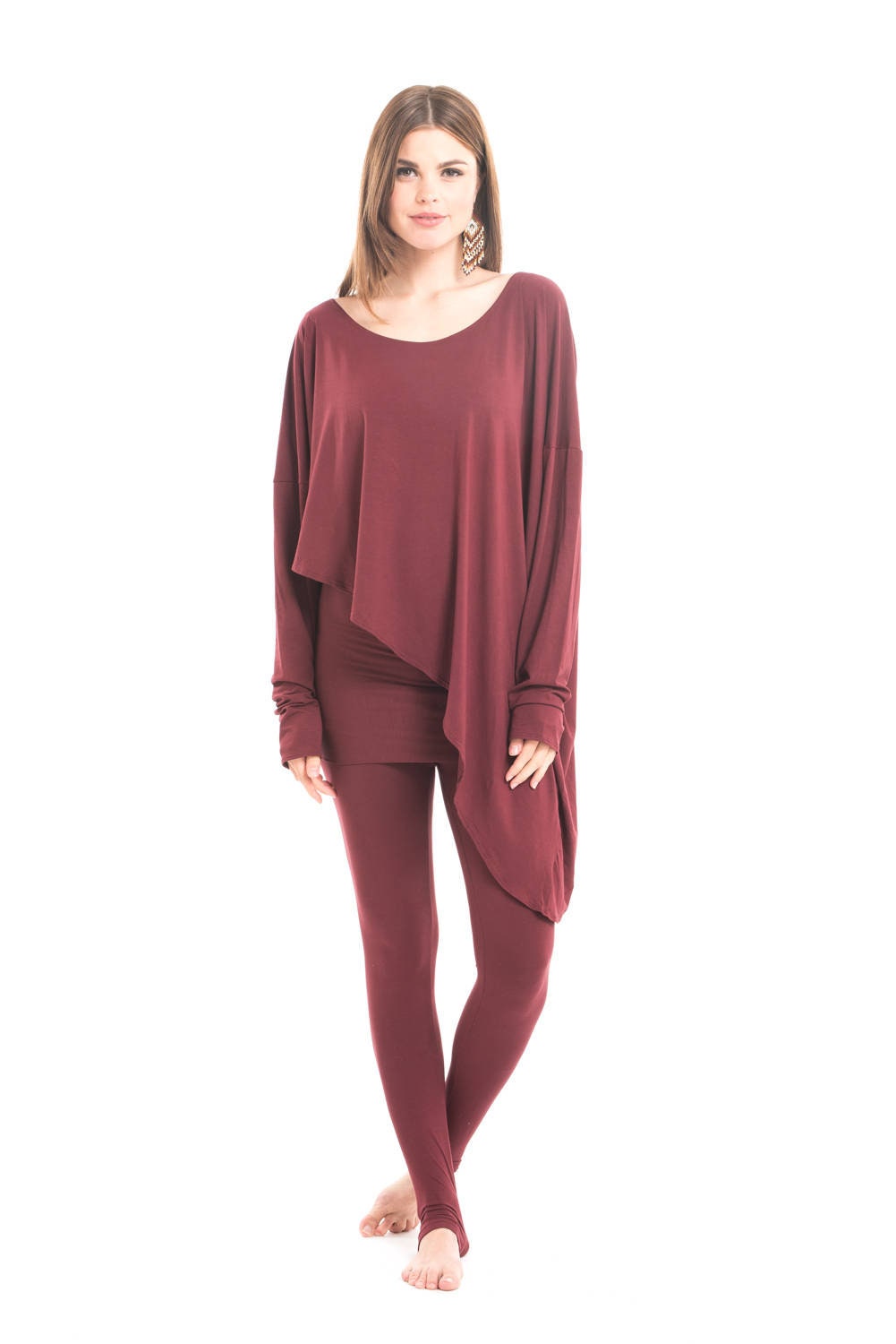 Image of Bamboo Asymmetric Top Burgundy \ Oversized Stretch Hand Made Off Shoulder Breathable Bohemian Tantra Tantric