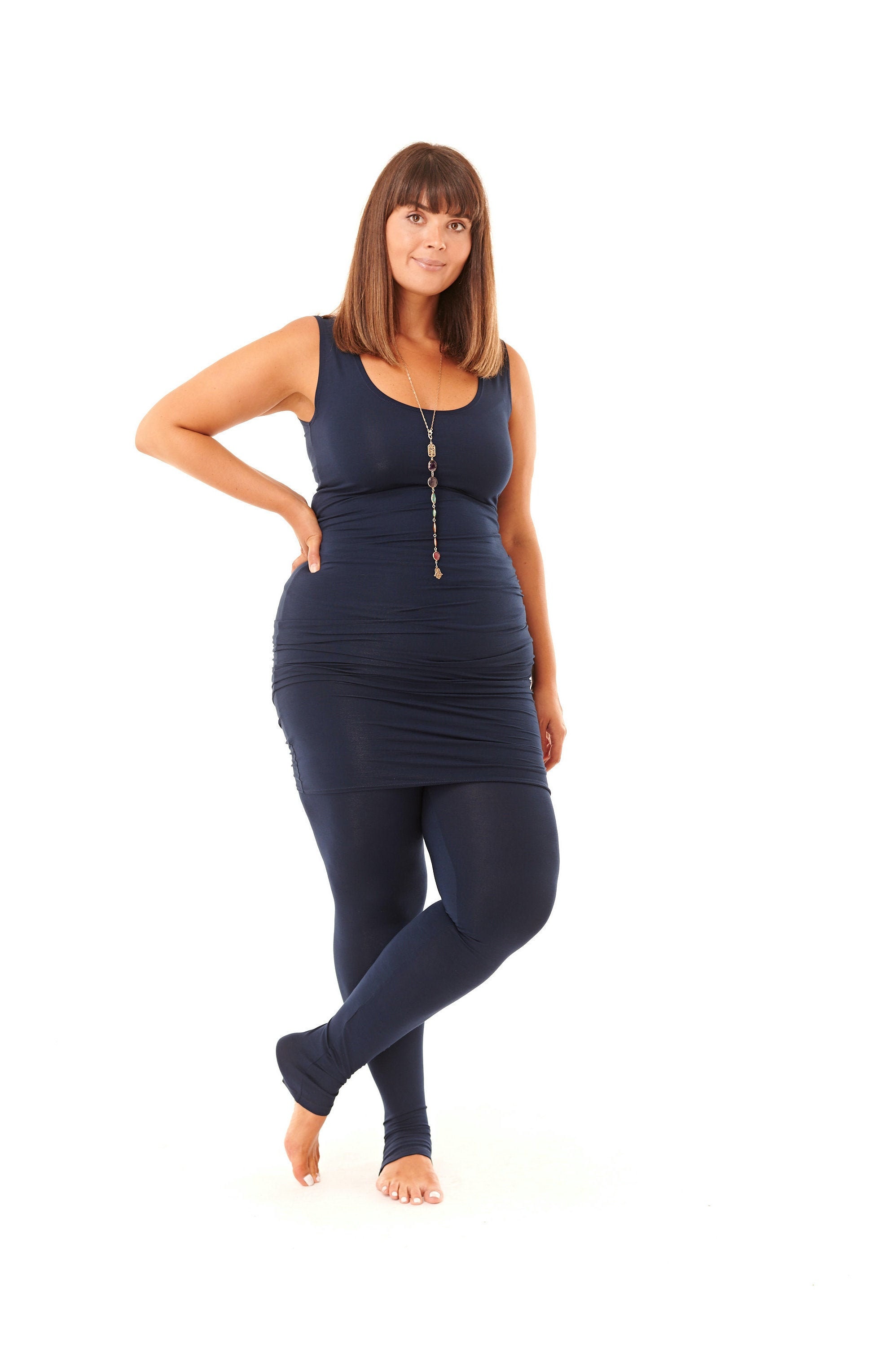 Image of Bamboo Long Vest Top-Dress Navy \ Eco Friendly Yoga Fitted Gym Workout Tantra Tantric Top No Sweat Basic