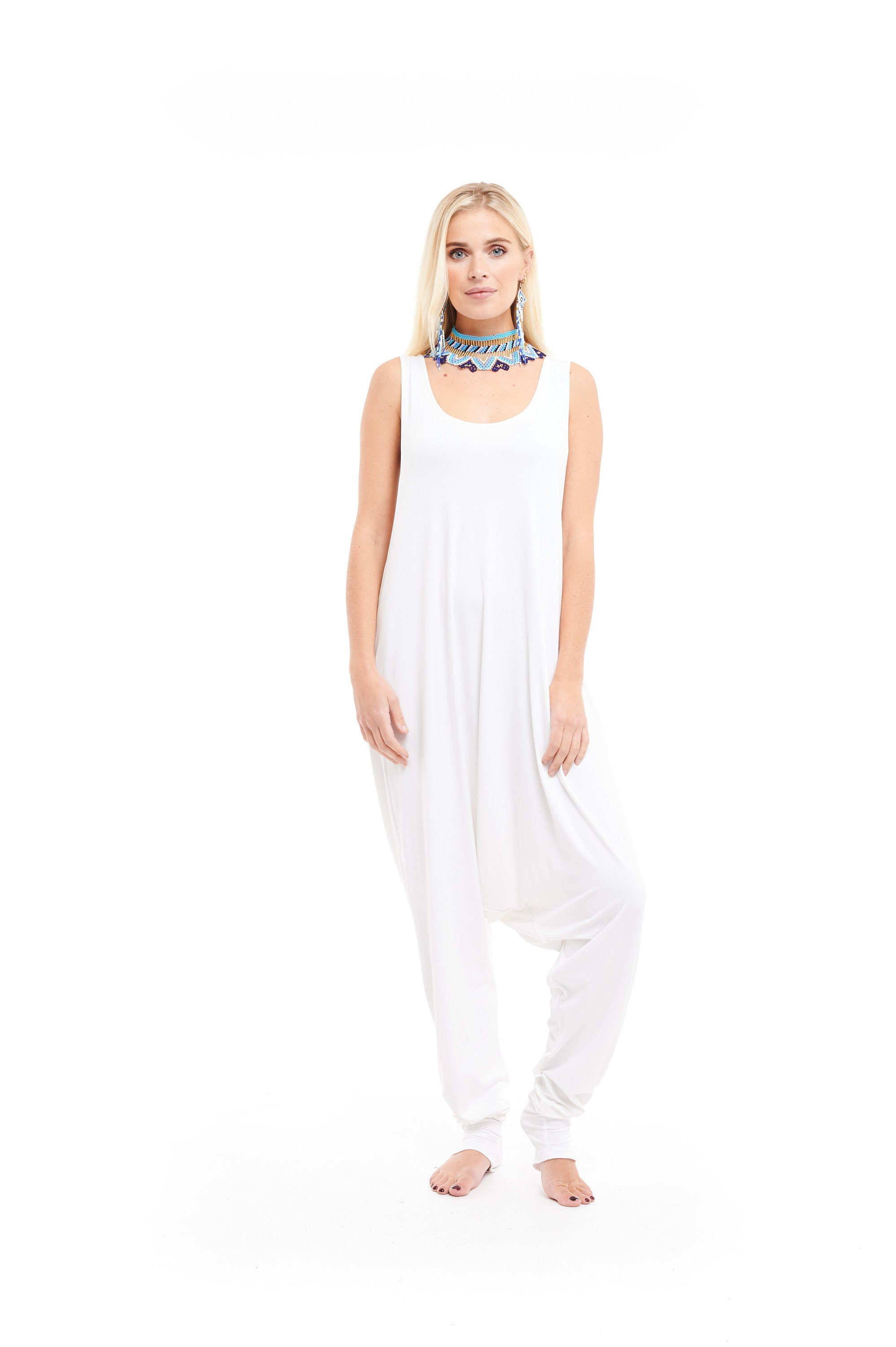 Image of Bamboo Baggy Jumpsuit White \ Romper Sleeveless Super Soft Onesie Yoga Wear One Piece Plus Size Kundalini