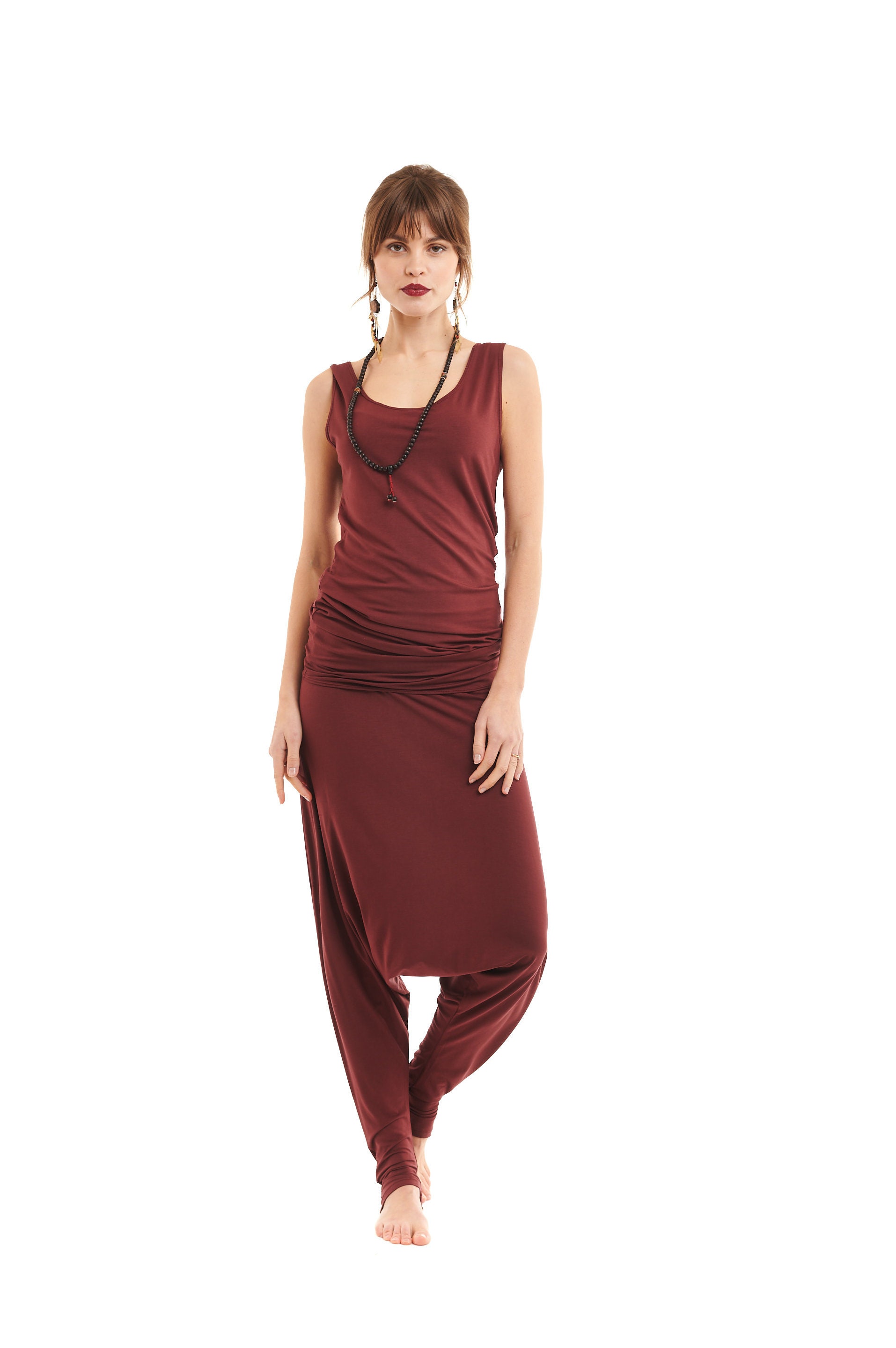 Image of Bamboo Long Vest Top-Dress Burgundy \ Eco Friendly Yoga Fitted Gym Workout Tantra Tantric Top No Sweat Basic