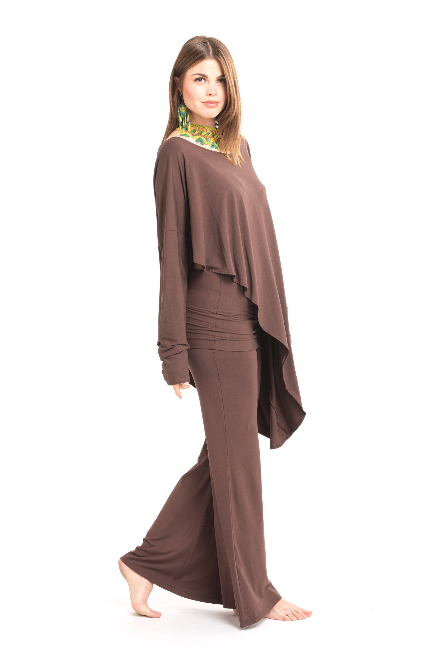 Image of Bamboo Asymmetric Top Brown \ Biodegradable Oversized Stretch Hand Made Off Shoulder Fluted Breathable Bohemian Tantric