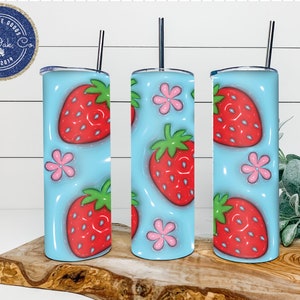 Strawberries & Flowers Blue Inflated/Puffy Look Tumbler, 20oz or 30oz Tumbler, Gift for Her, Christmas Gift, Birthday Gift, Custom Tumbler