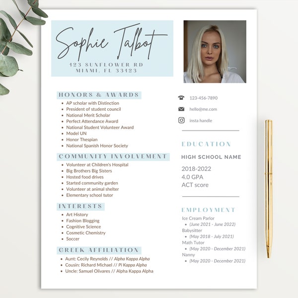 Sorority resume template, edit on Canva, pastel blue sorority template, sorority cv, rush resume template with cover letter baby blue resume