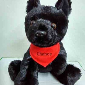 Puede incluir: Juguete de peluche de perro negro con una bandana roja que dice "Chance".