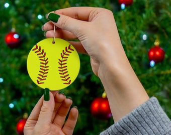 Softball Ball Circle Shaped Ceramic Sports Christmas Ornament