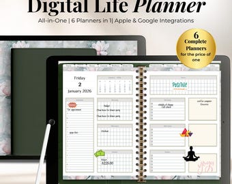 May include: A digital life planner displayed on a tablet, featuring a detailed daily layout with sections for appointments, budget, and notes. The planner includes the text "Digital Life Planner" and "6 Complete Planners for the price of one."