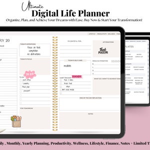 Puede incluir: Una aplicación de planificador digital en la pantalla de una tableta con una encuadernación en espiral dorada. La aplicación tiene un diseño de planificador diario con secciones para el horario, las intenciones, el enfoque, la lista de tareas, el seguimiento de hábitos, el cuidado personal, las comidas y la hidratación, las afirmaciones y las notas. La aplicación también incluye una sección para afirmaciones de "Piensa positivo". La aplicación está diseñada para ayudar a los usuarios a organizar, planificar y alcanzar sus objetivos.