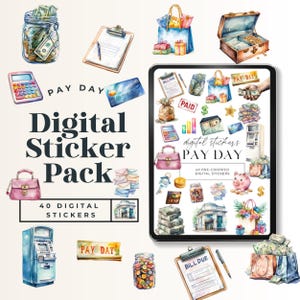 May include: A digital sticker pack with a watercolor theme. The image features various financial elements, including money, a calculator, a credit card, and a piggy bank. The text reads "PAY DAY" and "Digital Sticker Pack".