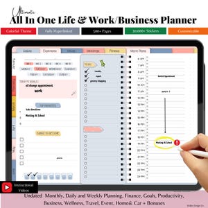 Puede incluir: Una aplicación de planificador digital en la pantalla de una tableta con un esquema de color rosa, azul y gris. La aplicación incluye un planificador diario, semanal y mensual, así como secciones para hábitos, gastos, estados de ánimo, reuniones, estado físico y más planes. La aplicación también incluye una lista de tareas, prioridades y secciones para las cosas que hay que hacer. La aplicación es personalizable e incluye 30.000 pegatinas.