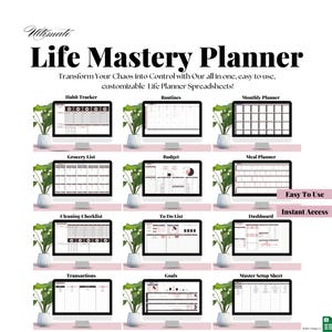 Puede incluir: Un planificador digital con 12 hojas de cálculo diferentes para organizar tu vida. Las hojas de cálculo incluyen un rastreador de hábitos, rutinas, un planificador mensual, una lista de la compra, un presupuesto, un planificador de comidas, una lista de verificación de limpieza, una lista de tareas, un panel de control, transacciones, objetivos y una hoja de configuración maestra. El planificador está diseñado para ayudarte a transformar tu caos en control.