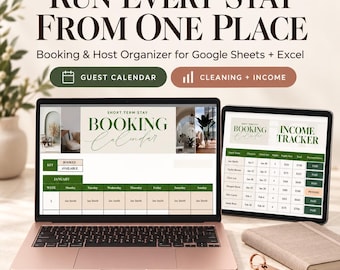 May include: A digital booking and host organizer for Google Sheets and Excel displayed on a laptop and tablet screen. The interface features a short term stay booking calendar and an income tracker with green and beige color schemes and text.
