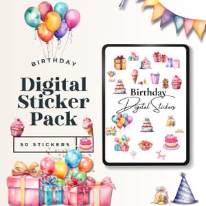Happy Birthday Stickers Digital Set, 50 Precut Planner Labels for Cards, Gifts, Party Decor & Scrapbooking Craft Supplies