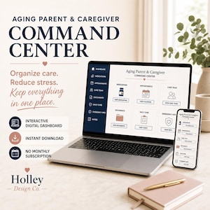 Könnte beinhalten: Ein interaktives digitales Dashboard für ein Aging Parent & Caregiver Command Center, angezeigt auf einem Laptop- und Smartphone-Bildschirm. Die Benutzeroberfläche enthält Bereiche für Medikamente, Termine, Pflegeteam, Dokumente, tägliche Pflege und Notfallinformationen.