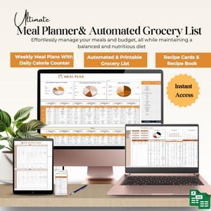 May include: A digital meal planner and automated grocery list displayed on a desktop monitor, tablet, and laptop. The screen shows meal plans, charts, and a grocery list. The image includes the text "Ultimate Meal Planner & Automated Grocery List."