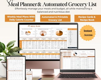 Meal Planner & Automated Grocery List | Weekly and Monthly Food Prep | Google Sheets Recipe Book, Printable Food Journal| Calorie Counter