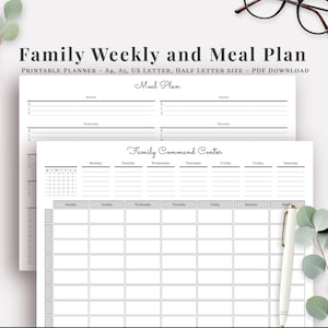 Family Command Center Planner Printable PDF, Meal Planning & Shopping List Organizer, A4/Letter Size Digital Download, Home Organization Kit