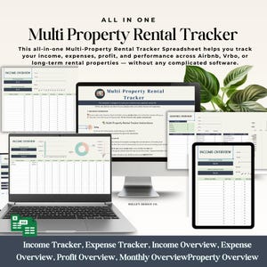 Può includere: Più schermi digitali mostrano un foglio di calcolo Multi Property Rental Tracker. L'immagine mostra un laptop, un computer desktop e un tablet che mostrano il foglio di calcolo. Il foglio di calcolo include il monitoraggio di entrate, spese e profitti.