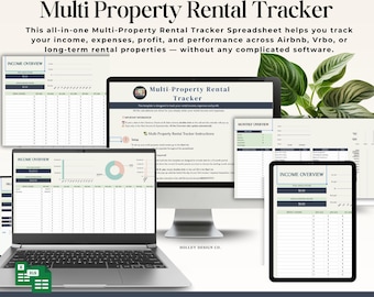 May include: A digital display of a Multi Property Rental Tracker spreadsheet. The image shows a laptop, desktop computer, and tablet displaying the spreadsheet. The spreadsheet includes income, expense, and profit tracking. The text at the bottom reads: Income Tracker, Expense Tracker.