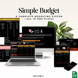 Puede incluir: Una hoja de cálculo digital en blanco y negro con el título "Simple Budget" en una pantalla de computadora. La hoja de cálculo está diseñada para ayudar a los usuarios a administrar su presupuesto mensual. La imagen también incluye una computadora portátil, una tableta y un teléfono inteligente, todos mostrando la misma hoja de cálculo. El texto "How to Use Your Simple Budget Spreadsheet" es visible en la pantalla de la computadora.