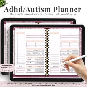 May include: A pink and white planner with a gold coil binding. The planner is open to a page with sections for schedules, daily goals, tasks, behaviors, hyperactivity, meal plans, and impulsivity. The planner is designed to support parents of children with ADHD and autism.