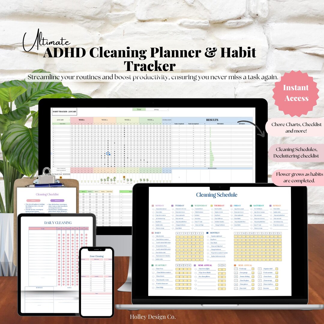 Editable ADHD Cleaning Planner & Habit Tracker Bundle | Google Sheet ...