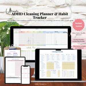 May include: A digital planner and habit tracker for people with ADHD. The planner includes a daily cleaning schedule, chore charts, checklists, and a decluttering checklist. The planner is designed to help people stay organized and on track with their cleaning tasks.
