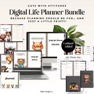 May include: A digital planner bundle featuring illustrations of cats with sassy expressions. The bundle includes a daily life planner, journal, and daily planning pages. The text "Cats with Attitudes Digital Life Planner Bundle" is displayed at the top of the image. The text "Because planning should be fun... and just a little feisty!" is displayed below the title. The text "Undated Added" is displayed in a circle on the daily life planner. The text "Yeah Nah..." is displayed on a daily planning page. The text "Nothin' Buttcats" is displayed on a journal.