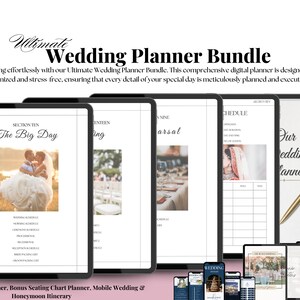 Wedding Planner Digital Editable Bundle, Bonus Seating Chart Planner, Mobile Wedding & Honeymoon Itinerary, Canva Editable