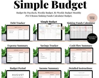 Budget-Kalkulationstabelle, einfaches Budget, Monatsbudget, Gehaltscheckbudget, sinkende Mittel, Schuld-Tracker, Anfänger, zweiwöchentliches Budget, Google Sheet