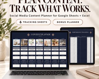 May include: A digital social media content planner for Google Sheets and Excel displayed on a laptop and tablet screen. The interface features a weekly content planner with six tracking sheets, a bonus planner, and performance tracking columns.