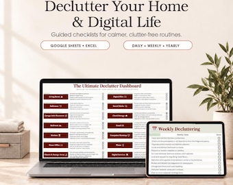 Può includere: Un computer portatile e un tablet mostrano The Ultimate Declutter Dashboard, uno strumento di organizzazione digitale. Lo schermo presenta liste di controllo per la casa e gli spazi digitali, incluse categorie come soggiorno, cucina e file digitali.