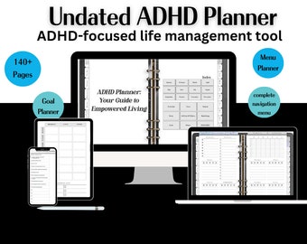Aumente a produtividade e a organização com nosso planejador digital sem data para TDAH | Mais de 140 páginas | Semanal, mensal e muito mais!