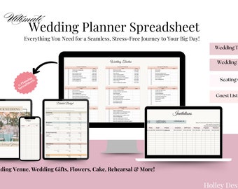 May include: A digital illustration of a wedding planner spreadsheet with 21 planning spreadsheets. The image shows a computer screen with a wedding timeline spreadsheet, a tablet with a detailed budget spreadsheet, and a laptop with a seating chart spreadsheet. The text "Ultimate Wedding Planner Spreadsheet" is at the top of the image. The text "Wedding Venue, Wedding Gifts, Flowers, Cake, Rehearsal & More!" is at the bottom of the image.