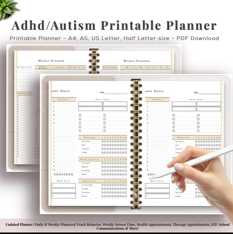 ADHD Autism Printable Planner A4 A5 US Letter Half Page - Daily Weekly ...