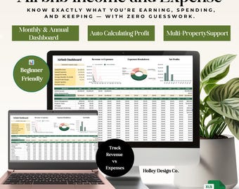 May include: A digital financial dashboard for Airbnb income and expenses, displayed on a computer and laptop. The image includes the text "Airbnb Income and Expense" and features like "Monthly & Annual Dashboard" and "Auto Calculating Profit."