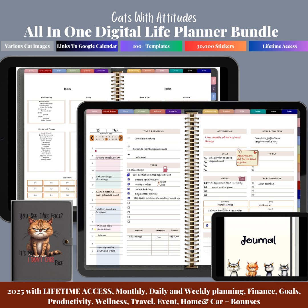 All in One 2026 Undated Digital Planner, Funny Cat Digital Planner ...