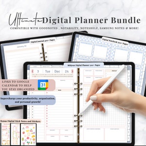 May include: A digital planner bundle compatible with note-taking apps such as Goodnotes, Notability, Noteshelf, and Samsung Notes. The bundle includes a digital journal, a midyear planner, and a notebook. The image shows a hand holding a stylus over a digital planner on a tablet screen. The planner has a calendar, a to-do list, and a section for notes. The image also shows a digital journal and a digital notebook.