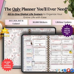 Puede incluir: Planificador digital con diseño floral, con el texto "The Only Planner You'll Ever Need!" y "All-in-One Digital Life System". Incluye páginas sin fecha, 30.000 pegatinas y actualizaciones de por vida. El planificador tiene una calificación de 5,0.