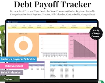 May include: A computer screen displaying a debt payoff tracker spreadsheet. The spreadsheet includes sections for debt balance, monthly debt payments, debt load over time, and a monthly payment summary. The spreadsheet is titled "Debt Payoff Tracker" and includes the text "Become Debt Free and Take Control of Your Finances with Our Beginner Friendly Comprehensive Debt Payment Tracker, Bill Calendar, Customizable, Google Sheet".