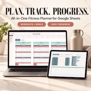Può includere: Un computer portatile e un tablet mostrano un pianificatore di fitness per Google Sheets con il testo PLAN. TRACK. PROGRESS. All-in-One Fitness Planner for Google Sheets, WORKOUTS + MEALS e BODY PROGRESS. Gli schermi mostrano griglie di monitoraggio.
