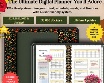 Może przedstawiać: Cyfrowy planer z kwiatowym obramowaniem i szczegółowym układem wnętrza. Obraz zawiera tekst "The Ultimate Digital Planner You'll Adore" i podkreśla funkcje, takie jak 30 000 naklejek i dożywotnie aktualizacje.