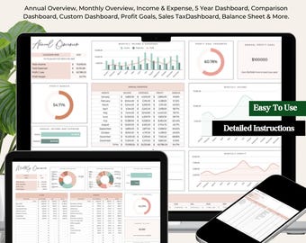 May include: A laptop computer screen displaying a spreadsheet with financial data and charts. The spreadsheet includes columns for income, expenses, and profit margin. The charts show the progress of profit goals and monthly income. The text on the screen reads "Premium Ultimate Bookkeeper" and "Easy To Use".