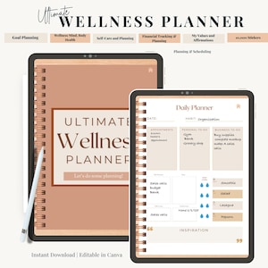 May include: A digital planner with a brown cover and gold spiral binding. The planner is open to a page with the title "Ultimate Wellness Planner" and the text "Let's do some planning!" The next page is a daily planner with sections for appointments, personal to-do, and business to-do. The planner is designed to help people organize their lives and achieve their goals.