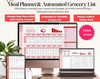 Meal Planning Digital  with Automated Grocery List | Google Sheets Food Journal, Recipe Book, Weekly & Monthly Schedule, Calorie Tracker