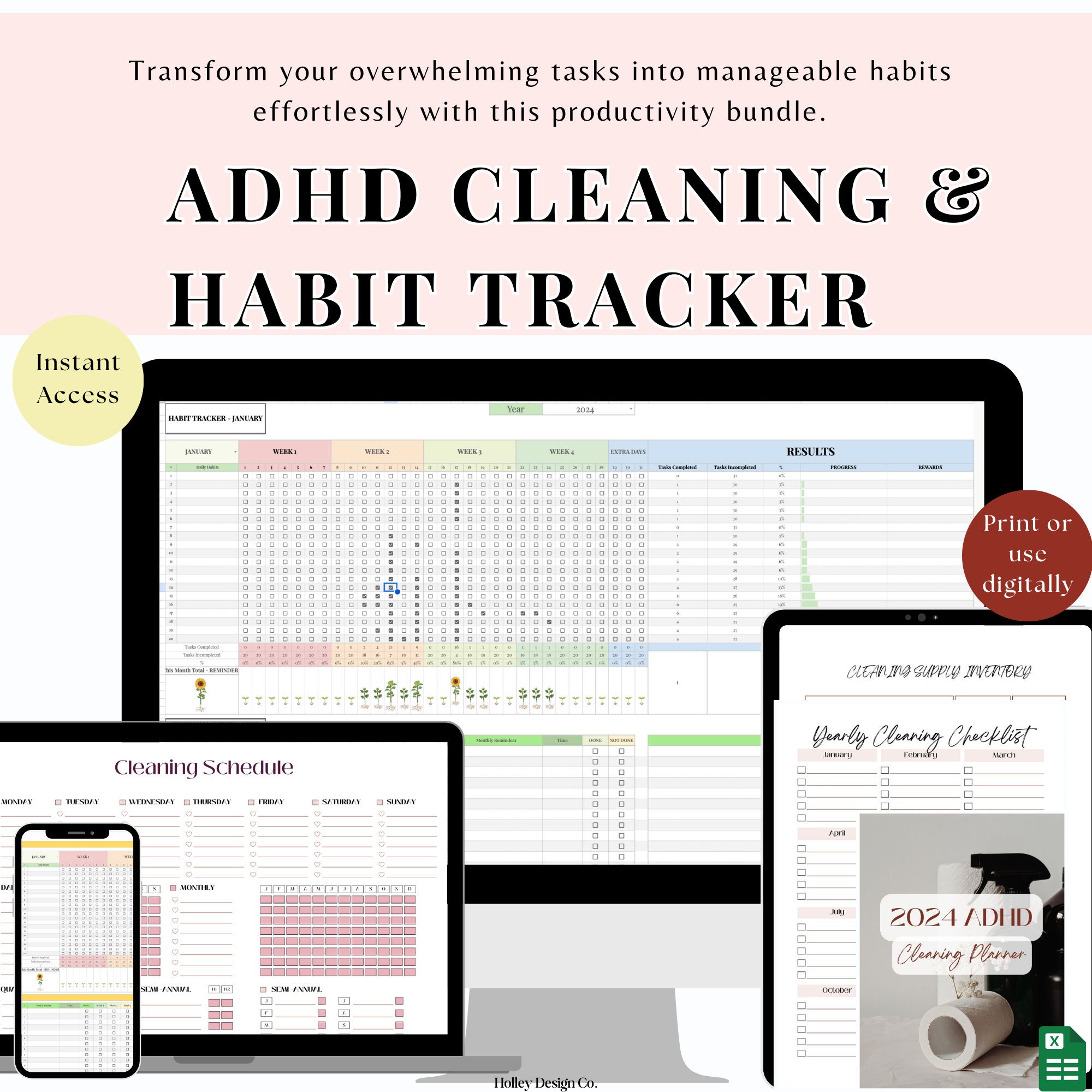 Editable ADHD Cleaning Planner & Habit Tracker Bundle | Google Sheet ... - Adhd Productivity Cleaning Planner And Yearly Maintenance Log Targeted