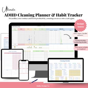 Pacote editável de planejador de limpeza para TDAH e rastreador de hábitos | Planilha Google | Gráfico para impressão, semanal, mensal, anual, organização, tarefas familiares