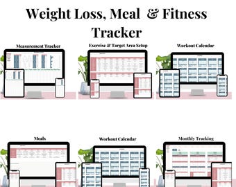 Seguimiento de pérdida de peso y actividad física / Hojas de cálculo de Google / Calendario de ejercicios / Planificador de comidas / Planificador de ejercicios / Medidas corporales / Ejercicio objetivo