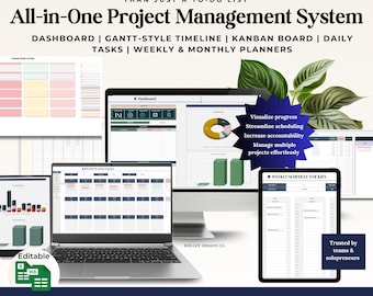 Project Management Spreadsheet Google Sheets Excel Task Tracker with Kanban Board, Gantt Timeline, Weekly & Monthly Planner Dashboard