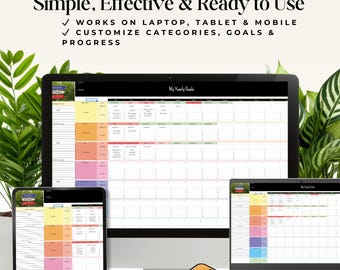 May include: A digital goal tracker on a laptop, tablet, and phone. The tracker is colorful and has a grid layout with sections for different categories. The text on the screen says "My Yearly Goals".